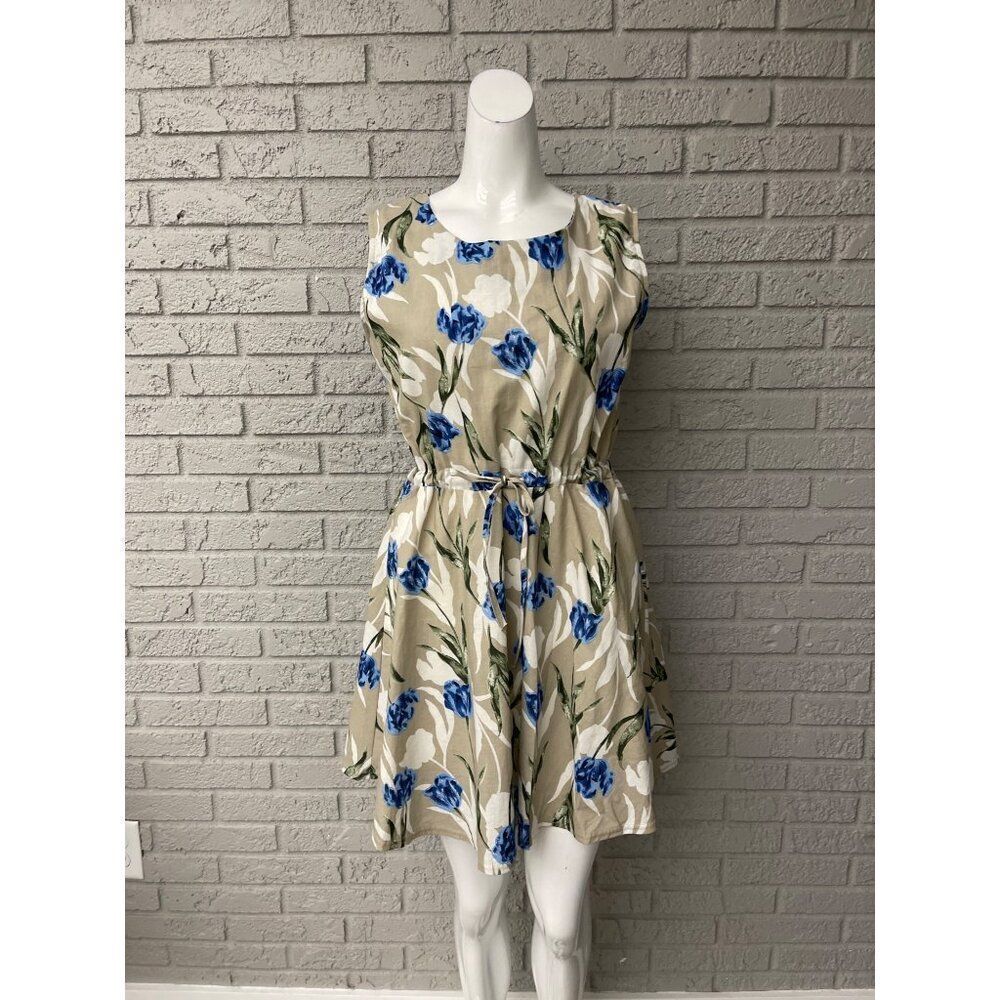 Yull Women Floral Linen Short Sleeve Round Neck Mini Dress Size 8